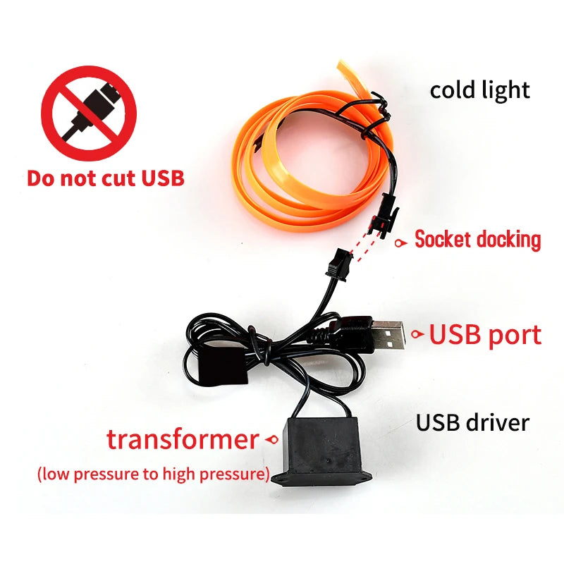 Lámpara de ambiente para interiores de auto de 5m, línea de luz fría EL con USB, tablero de instrumentos decorativo DIY, luces LED ambientales para consola de automóvil