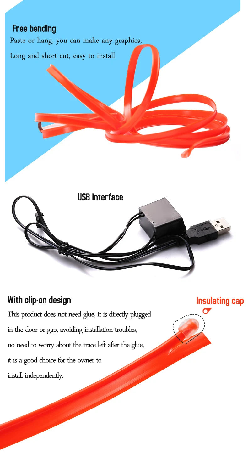 Lámpara de ambiente para interiores de auto de 5m, línea de luz fría EL con USB, tablero de instrumentos decorativo DIY, luces LED ambientales para consola de automóvil
