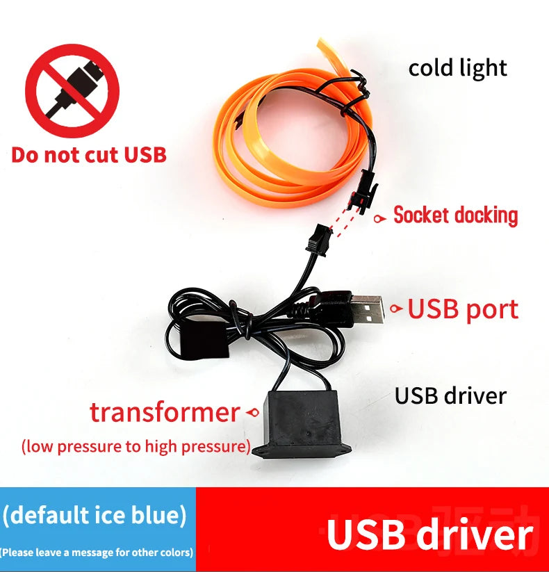 Lámpara de ambiente para interiores de auto de 5m, línea de luz fría EL con USB, tablero de instrumentos decorativo DIY, luces LED ambientales para consola de automóvil