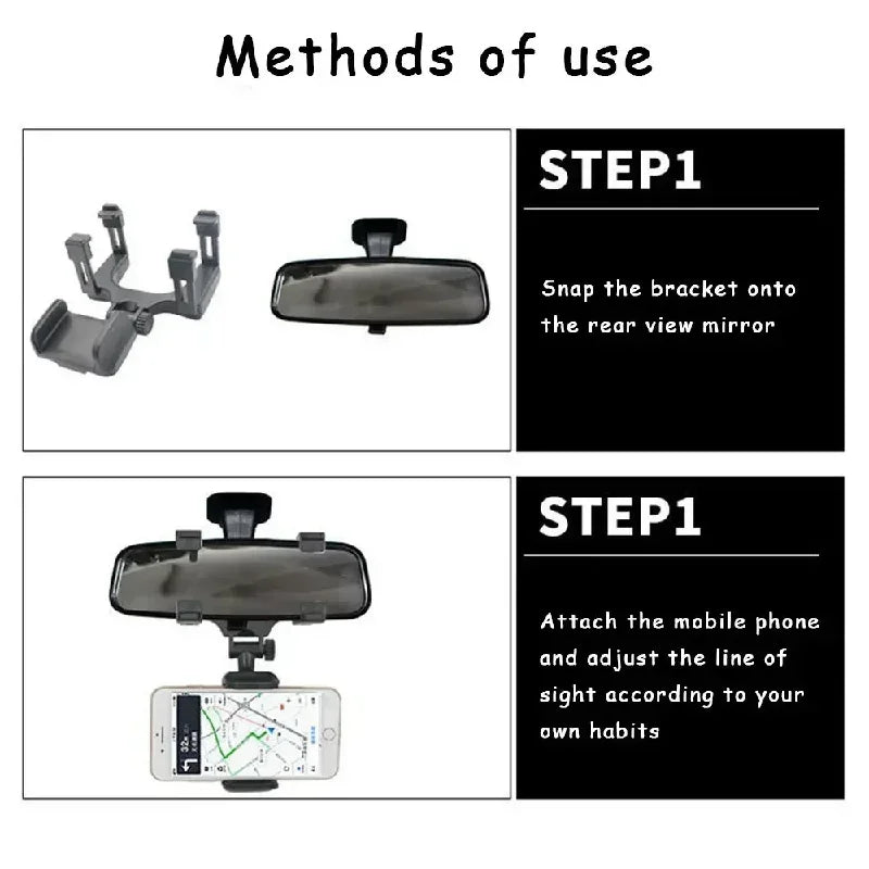 Soporte de Teléfono para Coche 360 Soporte de Espejo Retrovisor Soporte de Navegación GPS Móvil Clip Plegable Ajustable Soporte para Teléfono Celular de Coche