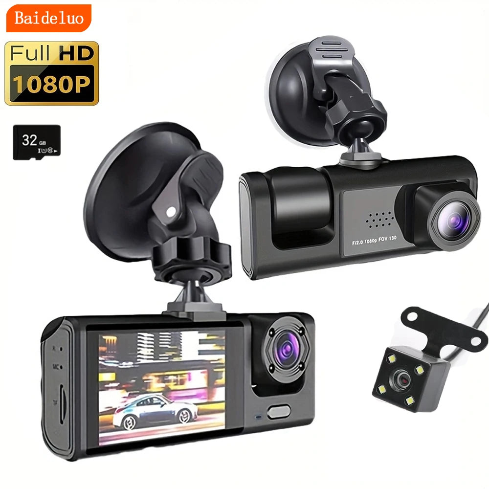 Cámara de tablero con visión nocturna IR, grabación en bucle y pantalla IPS de 2 pulgadas 1080P, 3 cámaras, grabador DVR, grabador de video, DVR para vehículo