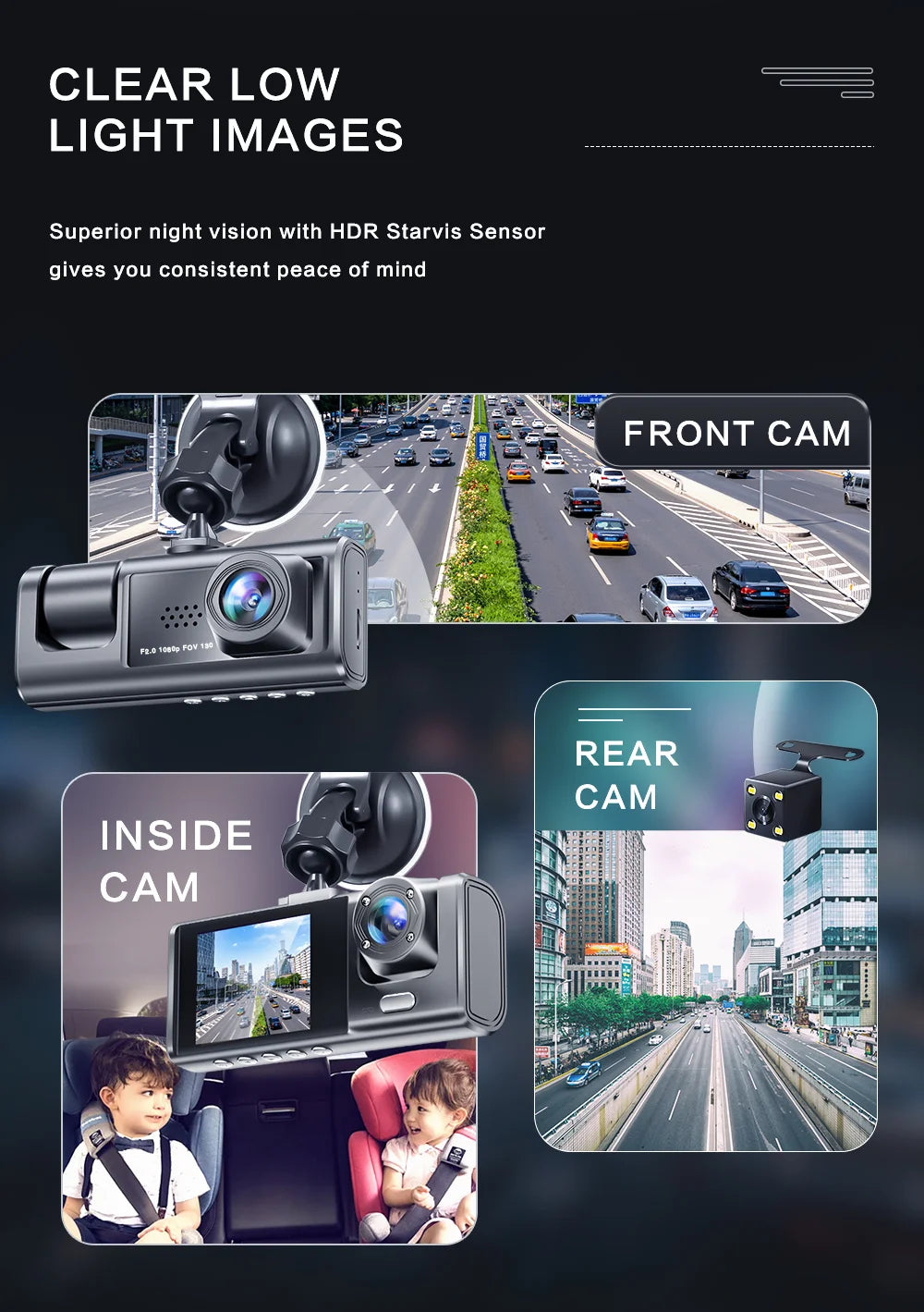 Cámara de tablero con visión nocturna IR, grabación en bucle y pantalla IPS de 2 pulgadas 1080P, 3 cámaras, grabador DVR, grabador de video, DVR para vehículo