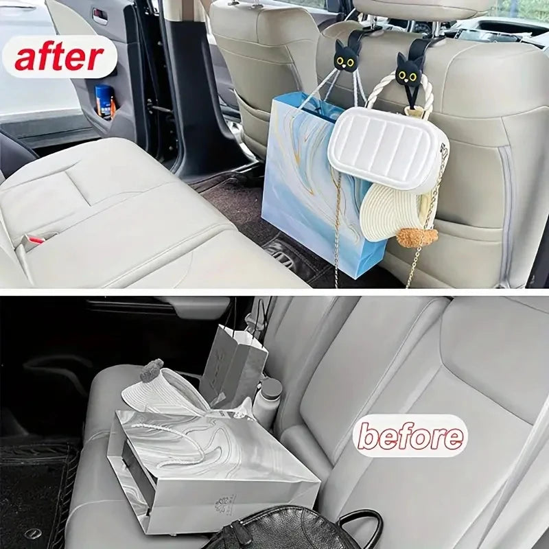 2 piezas Ganchos para Reposacabezas de Asiento de Coche con Gato de Dibujos Animados 3D Adorables - Organizador de Almacenamiento Universal para Bolsos, Carteras, Abrigos - Lindo Ca