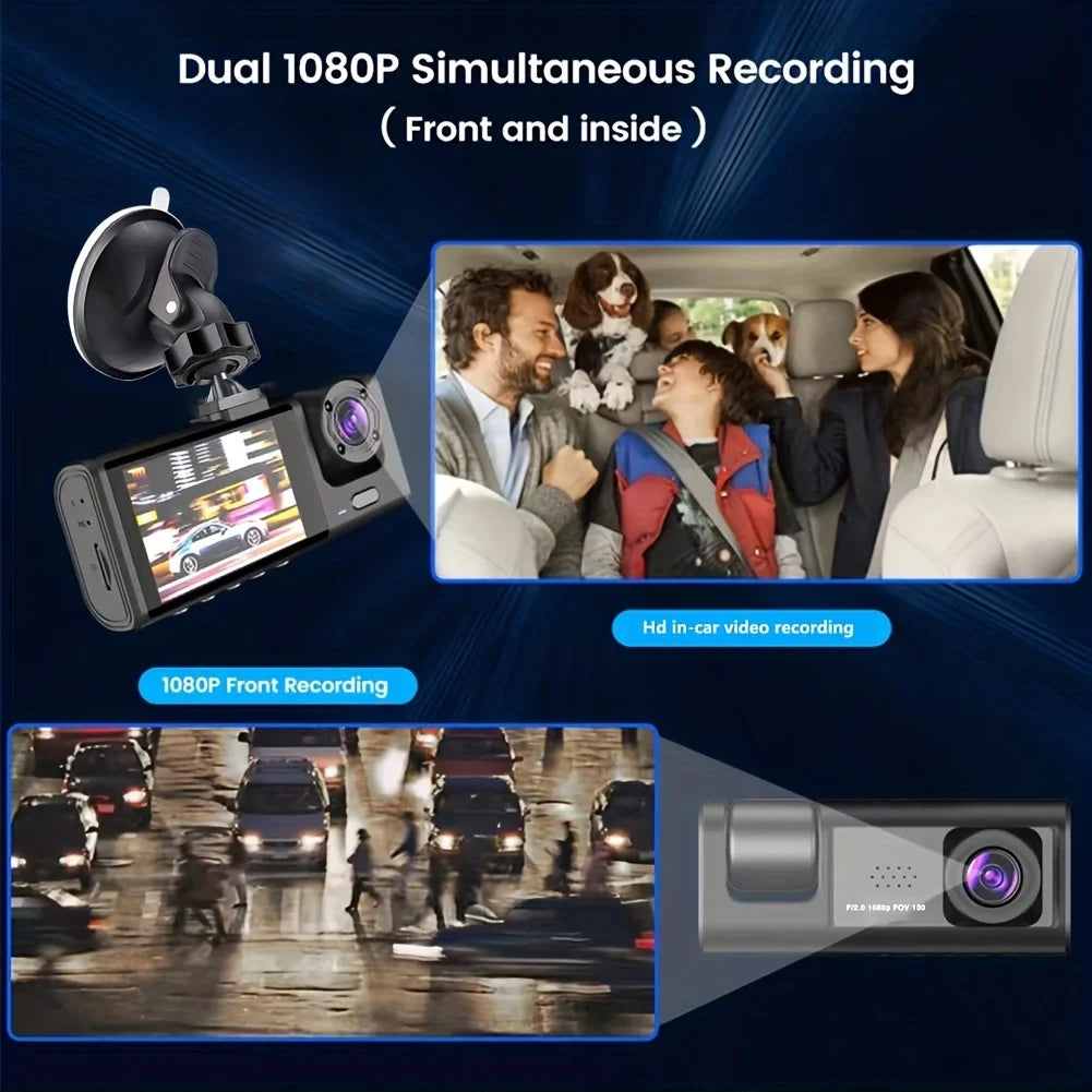 Cámara de tablero con visión nocturna IR, grabación en bucle y pantalla IPS de 2 pulgadas 1080P, 3 cámaras, grabador DVR, grabador de video, DVR para vehículo