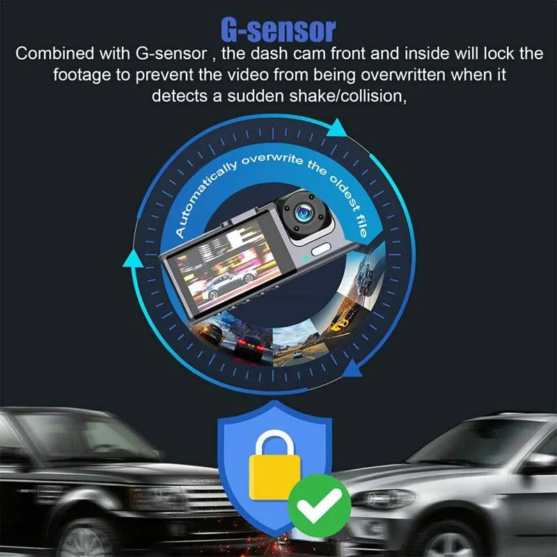 Cámara de tablero con visión nocturna IR, grabación en bucle y pantalla IPS de 2 pulgadas 1080P, 3 cámaras, grabador DVR, grabador de video, DVR para vehículo