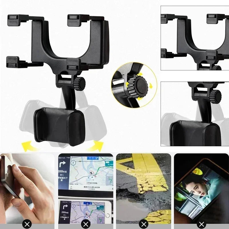 Soporte de Teléfono para Coche 360 Soporte de Espejo Retrovisor Soporte de Navegación GPS Móvil Clip Plegable Ajustable Soporte para Teléfono Celular de Coche