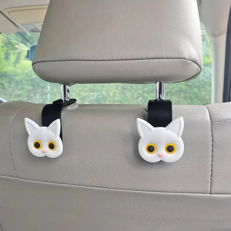 2 piezas Ganchos para Reposacabezas de Asiento de Coche con Gato de Dibujos Animados 3D Adorables - Organizador de Almacenamiento Universal para Bolsos, Carteras, Abrigos - Lindo Ca