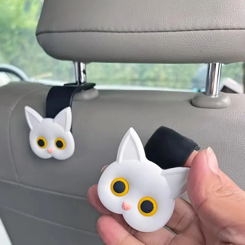 2 piezas Ganchos para Reposacabezas de Asiento de Coche con Gato de Dibujos Animados 3D Adorables - Organizador de Almacenamiento Universal para Bolsos, Carteras, Abrigos - Lindo Ca
