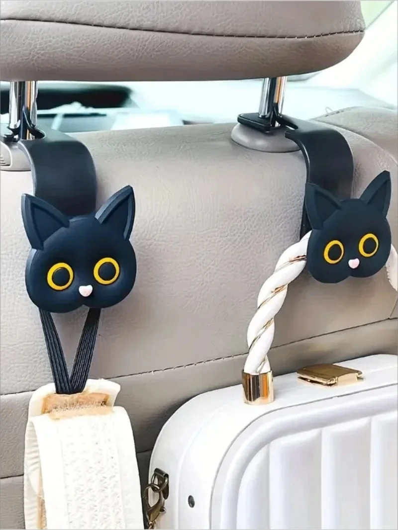 2 piezas Ganchos para Reposacabezas de Asiento de Coche con Gato de Dibujos Animados 3D Adorables - Organizador de Almacenamiento Universal para Bolsos, Carteras, Abrigos - Lindo Ca
