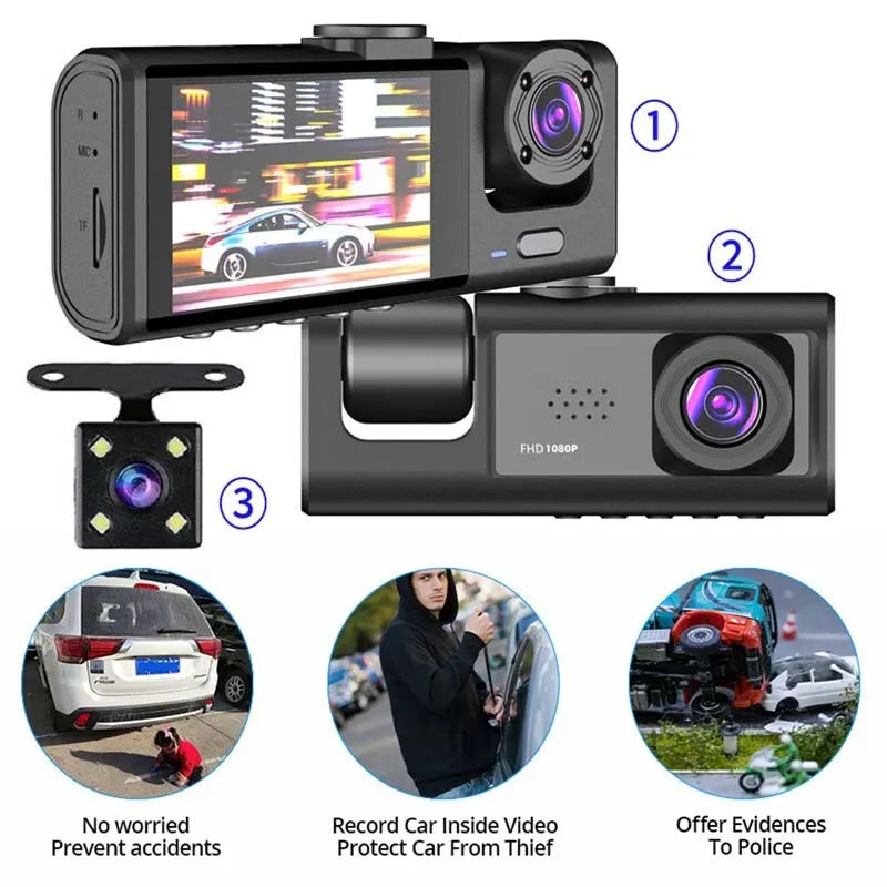 Cámara de tablero con visión nocturna IR, grabación en bucle y pantalla IPS de 2 pulgadas 1080P, 3 cámaras, grabador DVR, grabador de video, DVR para vehículo